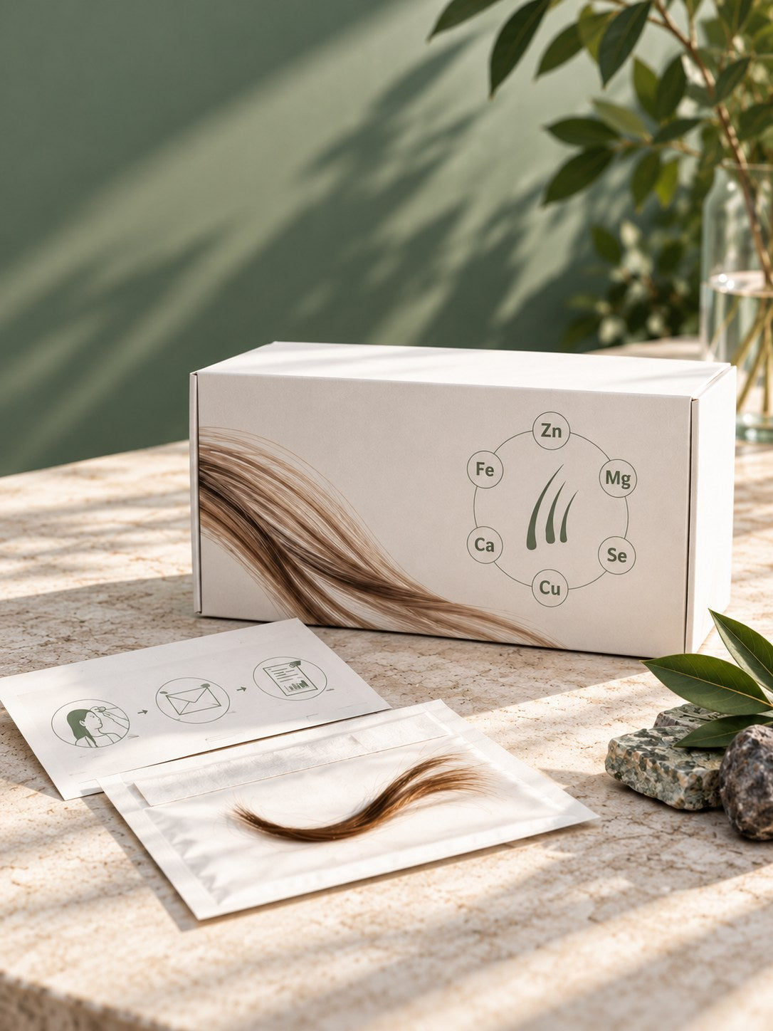 Kit d analyse de cheveux Oligosan : boîte, consignes et sachet