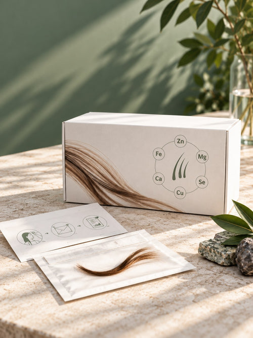 Kit d’analyse de cheveux Oligosan : boîte, consignes et sachet de prélèvement