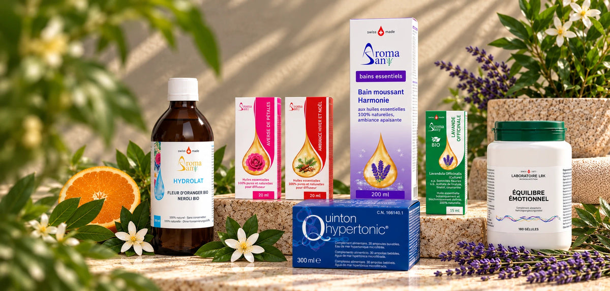 Gamme Oligosan : hydrolat de fleur d’oranger, huiles essentielles AromaSan, bain moussant, Quinton Hypertonic et complément Laboratoire LRK